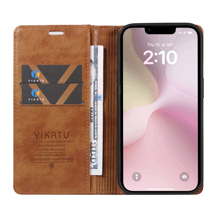 YIKATU YK-006 For iPhone 16e Case Wallet Leather Litchi Texture Magnetic Absorption Phone Cover - Brown