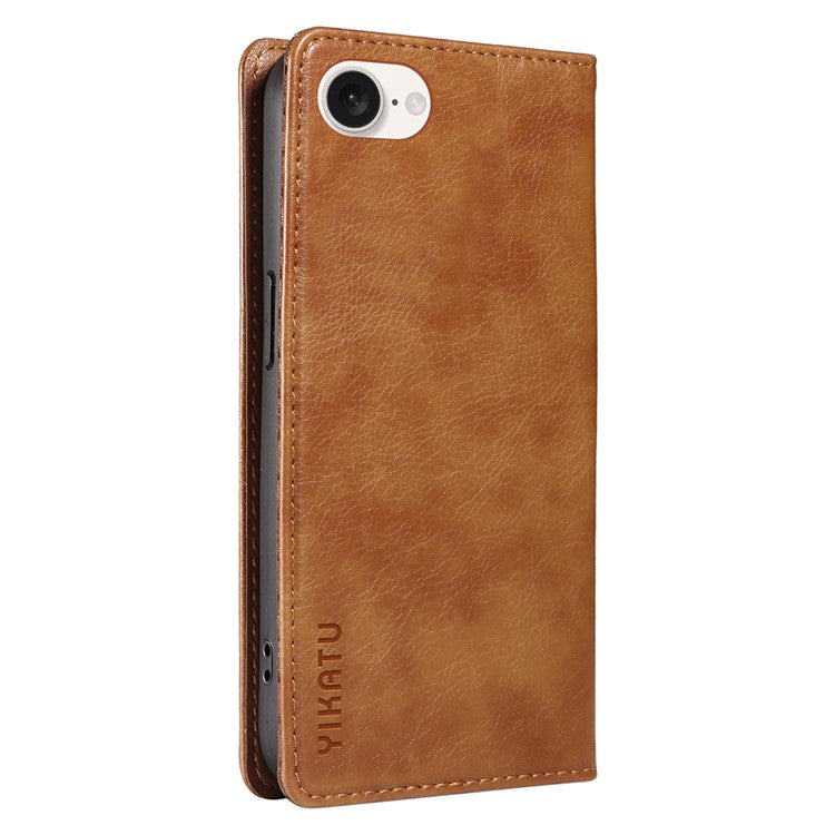 YIKATU YK-006 For iPhone 16e Case Wallet Leather Litchi Texture Magnetic Absorption Phone Cover - Brown