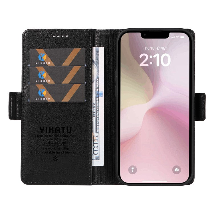 YIKATU YK-007 For iPhone 16e Case PU Leather Litchi Texture Card Holder Folio Magnetic Phone Cover - Black