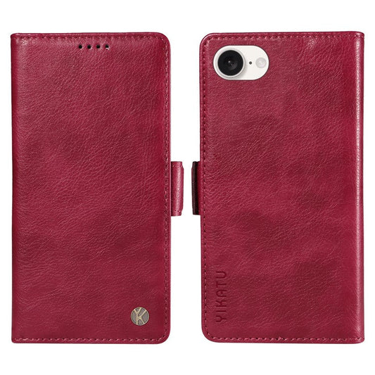 YIKATU YK-007 For iPhone 16e Case PU Leather Litchi Texture Card Holder Folio Magnetic Phone Cover - Wine Red