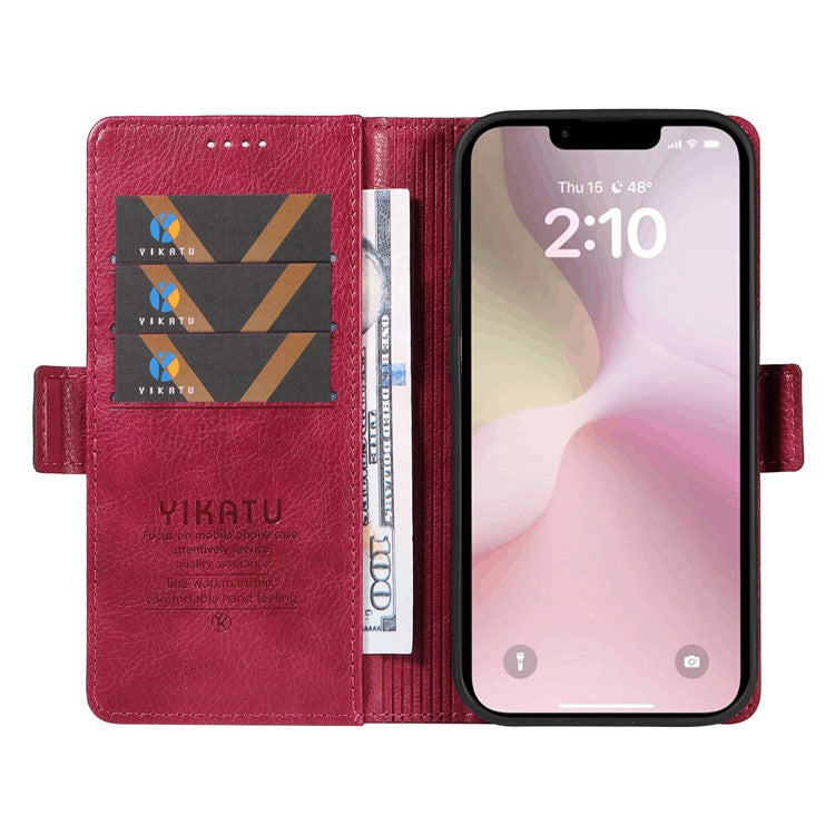 YIKATU YK-007 For iPhone 16e Case PU Leather Litchi Texture Card Holder Folio Magnetic Phone Cover - Wine Red
