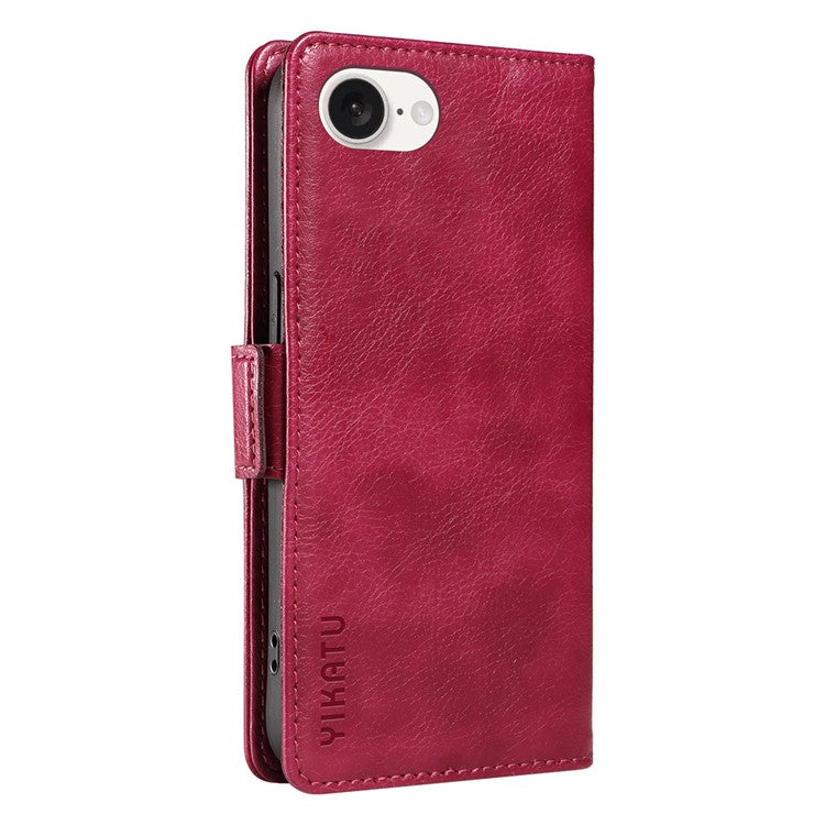 YIKATU YK-007 For iPhone 16e Case PU Leather Litchi Texture Card Holder Folio Magnetic Phone Cover - Wine Red