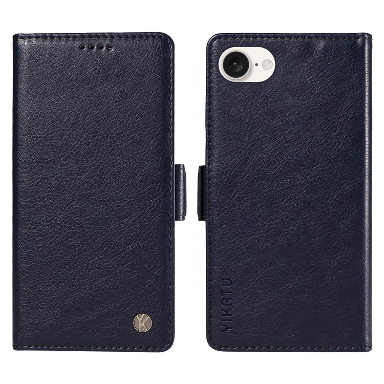 YIKATU YK-007 For iPhone 16e Case PU Leather Litchi Texture Card Holder Folio Magnetic Phone Cover - Navy Blue