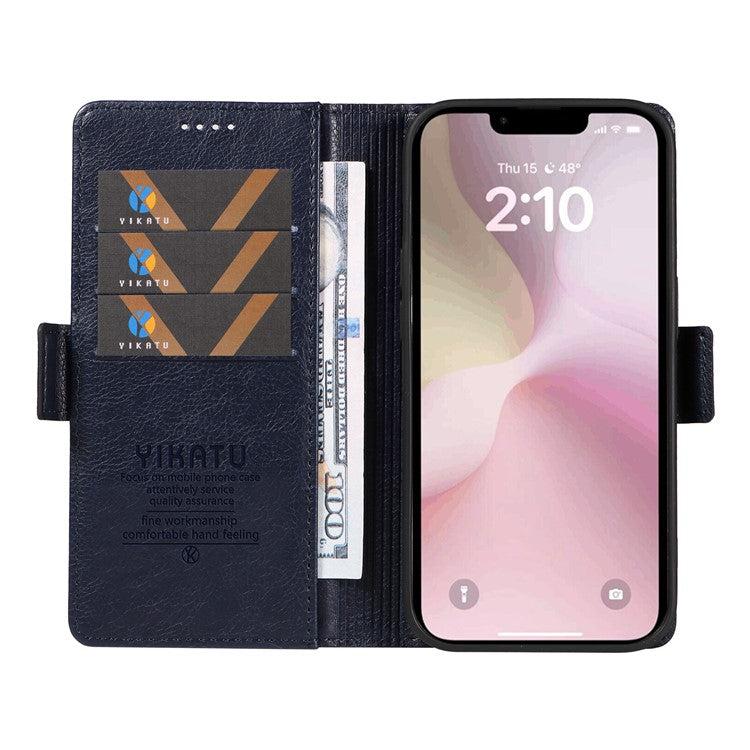 YIKATU YK-007 For iPhone 16e Case PU Leather Litchi Texture Card Holder Folio Magnetic Phone Cover - Navy Blue