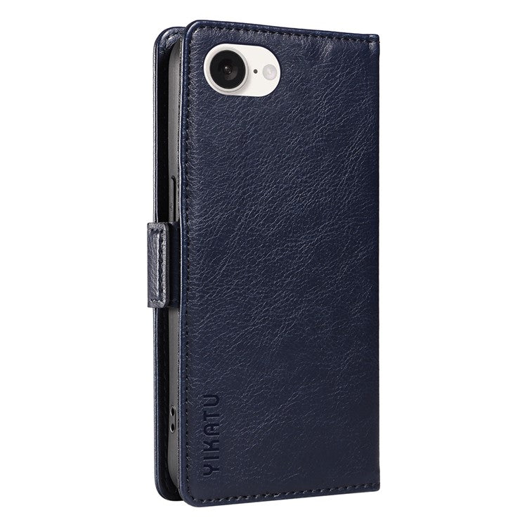 YIKATU YK-007 For iPhone 16e Case PU Leather Litchi Texture Card Holder Folio Magnetic Phone Cover - Navy Blue