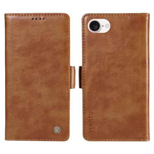 YIKATU YK-007 For iPhone 16e Case PU Leather Litchi Texture Card Holder Folio Magnetic Phone Cover - Brown