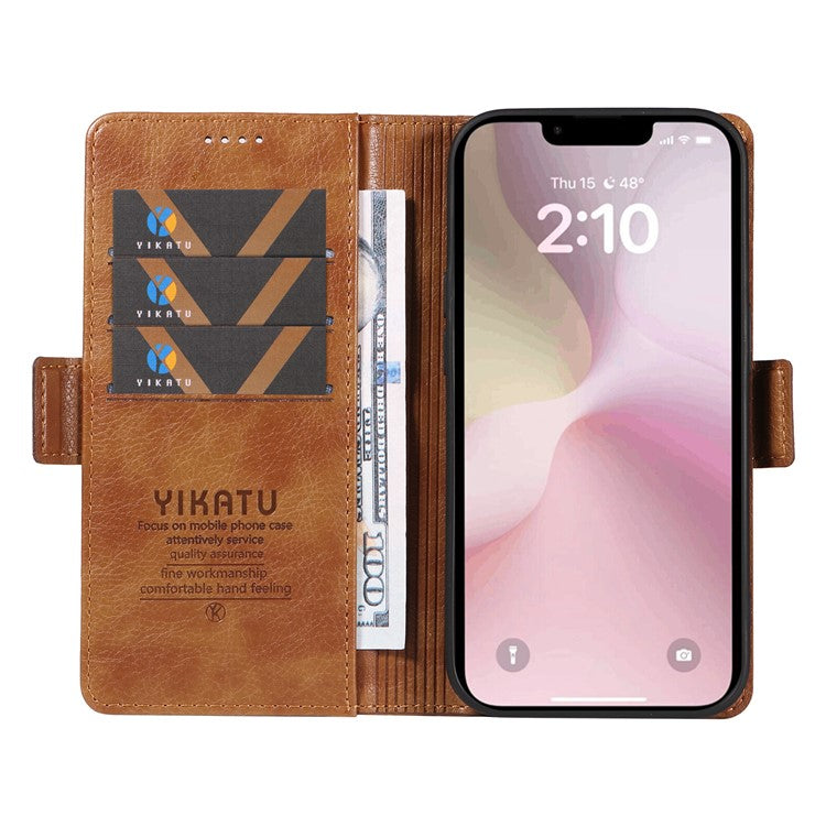YIKATU YK-007 For iPhone 16e Case PU Leather Litchi Texture Card Holder Folio Magnetic Phone Cover - Brown