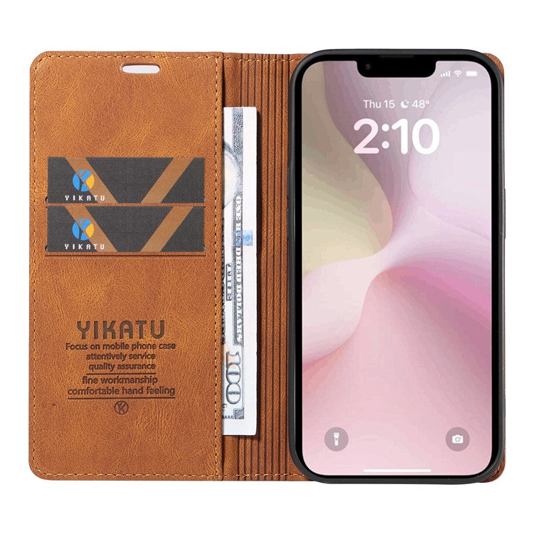 YIKATU YK-004 For iPhone 16e Case PU Leather Stand Magnetic Phone Cover - Brown