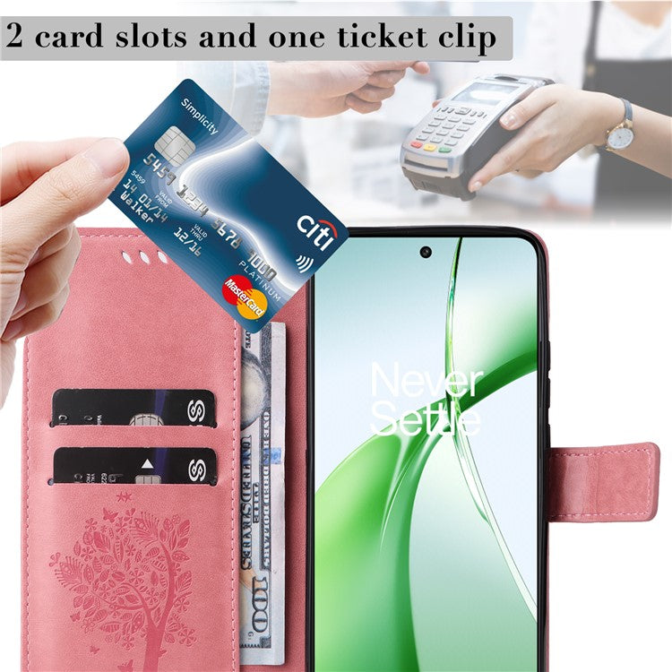 KT Imprinting Flower Series-3 For OnePlus Nord CE4 5G Wallet Case Tree Pattern Leather Phone Stand Cover - Pink