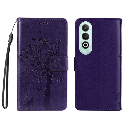 KT Imprinting Flower Series-3 For OnePlus Nord CE4 5G Wallet Case Tree Pattern Leather Phone Stand Cover - Dark Purple