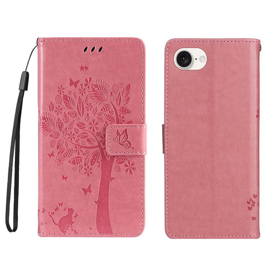 For iPhone 16e Wallet Case Tree Pattern Leather Phone Cover - Pink
