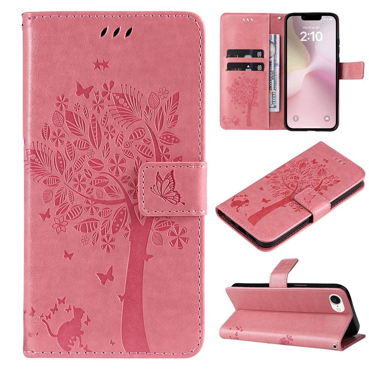 For iPhone 16e Wallet Case Tree Pattern Leather Phone Cover - Pink