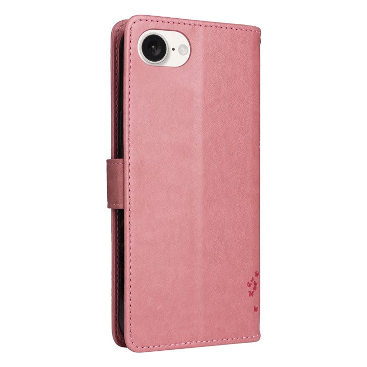 For iPhone 16e Wallet Case Tree Pattern Leather Phone Cover - Pink