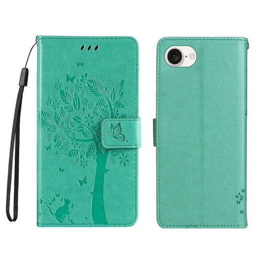 For iPhone 16e Wallet Case Tree Pattern Leather Phone Cover - Green