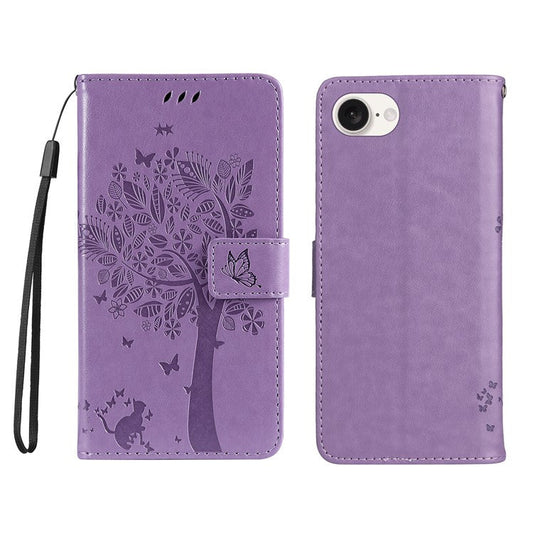 For iPhone 16e Wallet Case Tree Pattern Leather Phone Cover - Light Purple
