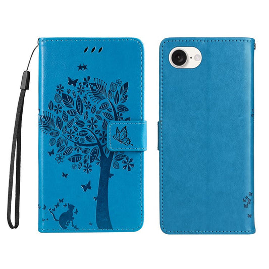 For iPhone 16e Wallet Case Tree Pattern Leather Phone Cover - Blue