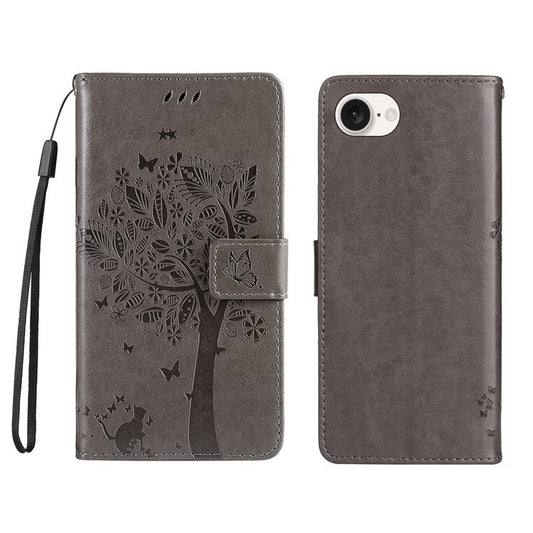 For iPhone 16e Wallet Case Tree Pattern Leather Phone Cover - Grey