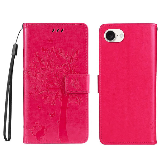For iPhone 16e Wallet Case Tree Pattern Leather Phone Cover - Rose