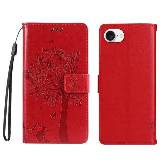For iPhone 16e Wallet Case Tree Pattern Leather Phone Cover - Red