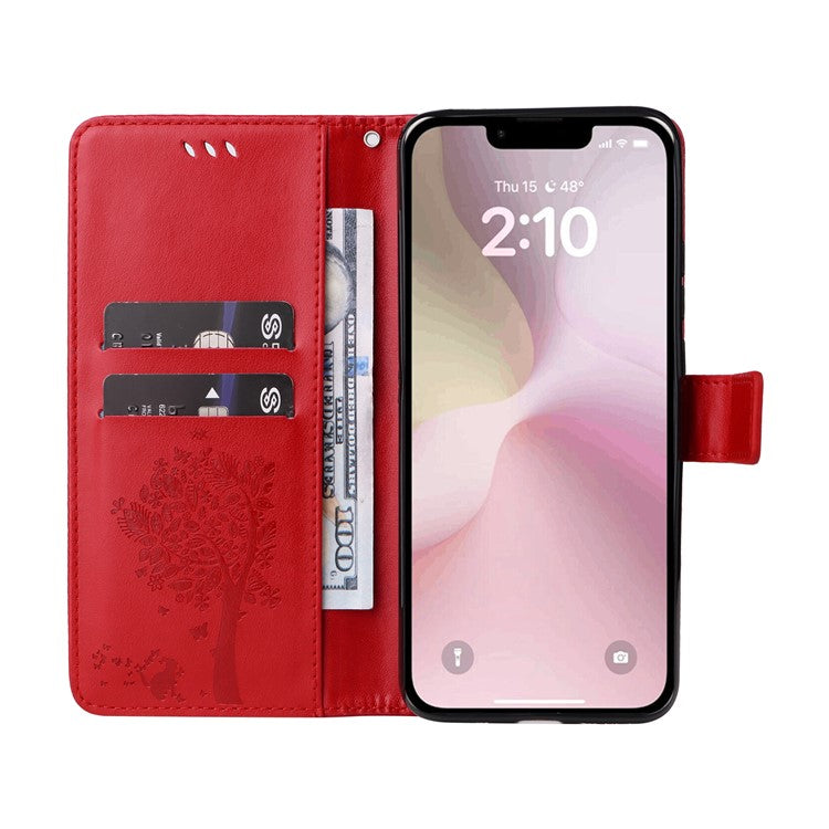 For iPhone 16e Wallet Case Tree Pattern Leather Phone Cover - Red