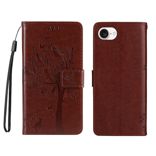 For iPhone 16e Wallet Case Tree Pattern Leather Phone Cover - Coffee