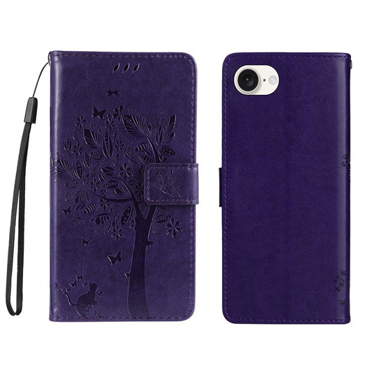 For iPhone 16e Wallet Case Tree Pattern Leather Phone Cover - Dark Purple