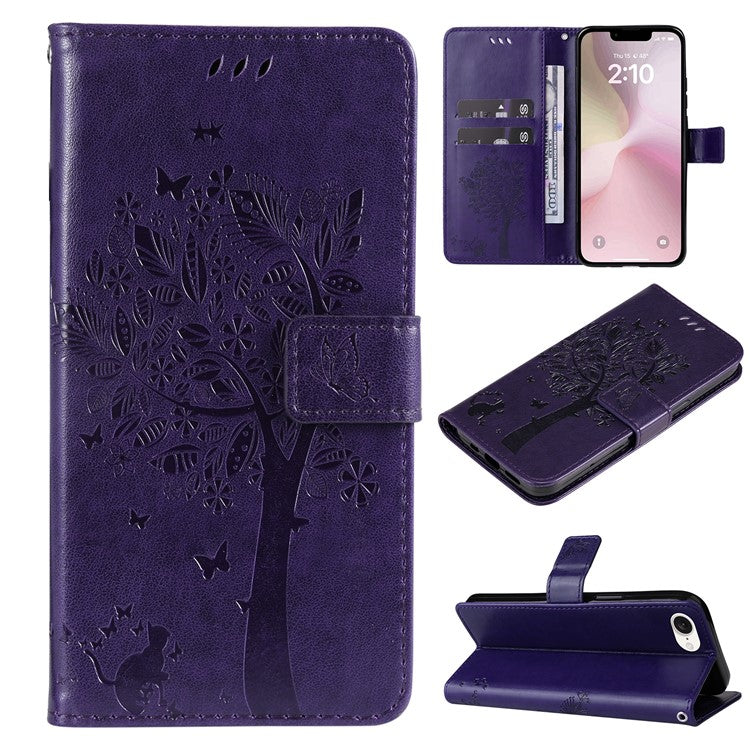 For iPhone 16e Wallet Case Tree Pattern Leather Phone Cover - Dark Purple