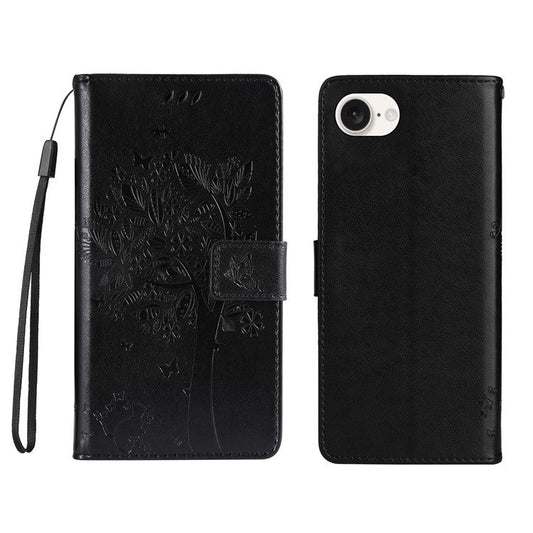 For iPhone 16e Wallet Case Tree Pattern Leather Phone Cover - Black