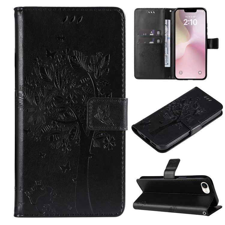 For iPhone 16e Wallet Case Tree Pattern Leather Phone Cover - Black
