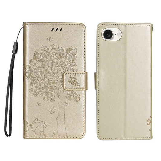 For iPhone 16e Wallet Case Tree Pattern Leather Phone Cover - Gold