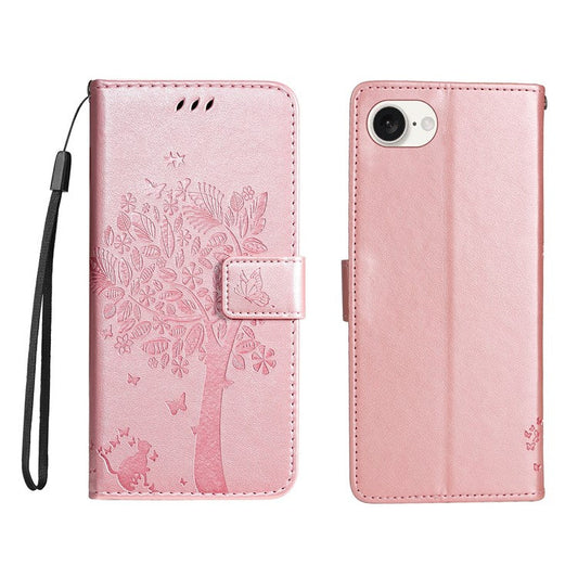 For iPhone 16e Wallet Case Tree Pattern Leather Phone Cover - Rose Gold