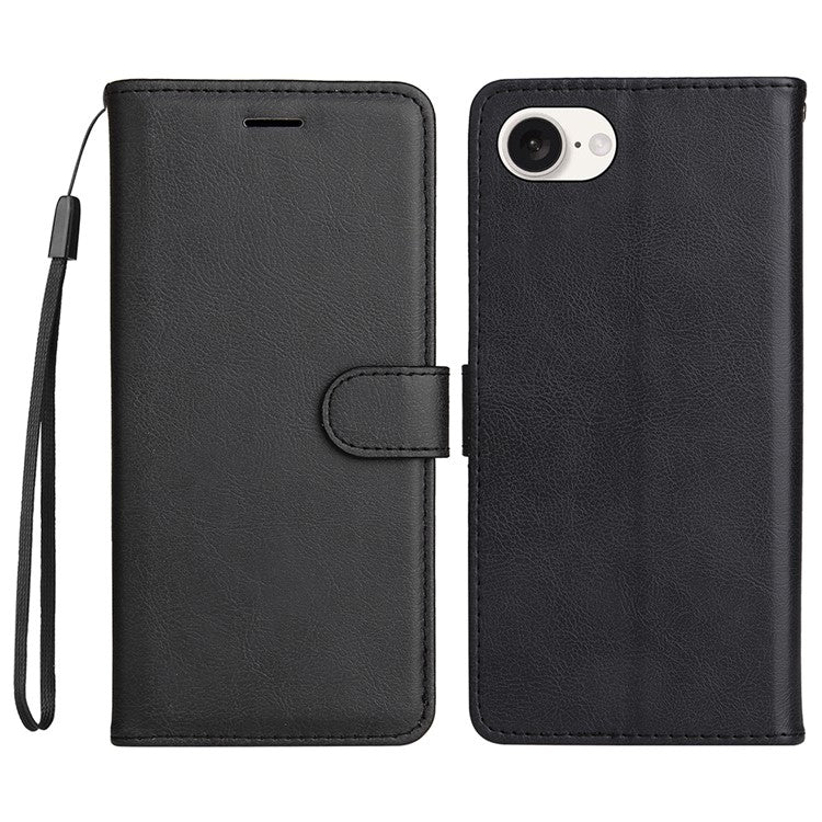 For iPhone 16e Case Solid Color Leather Mobile Cover Wallet Stand with Strap - Black