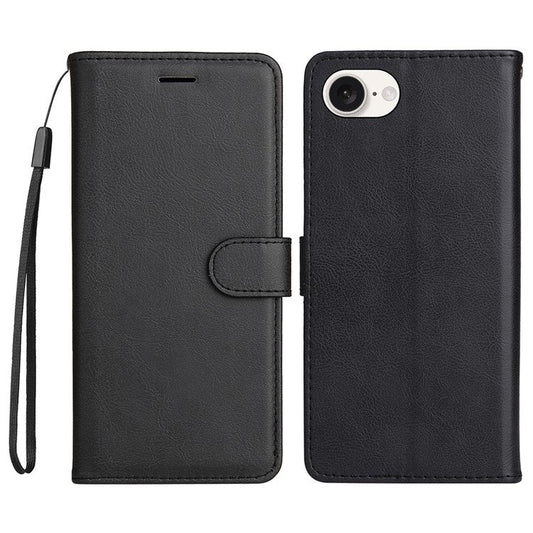 For iPhone 16e Case Solid Color Leather Mobile Cover Wallet Stand with Strap - Black