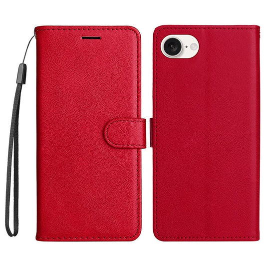For iPhone 16e Case Solid Color Leather Mobile Cover Wallet Stand with Strap - Red