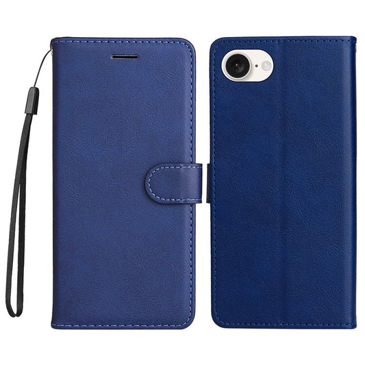 For iPhone 16e Case Solid Color Leather Mobile Cover Wallet Stand with Strap - Blue