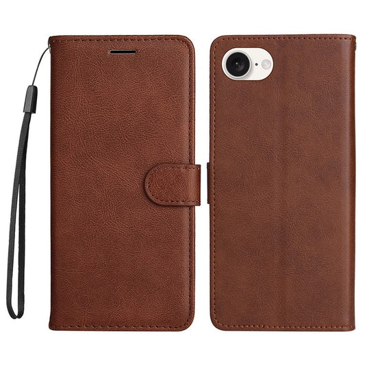 For iPhone 16e Case Solid Color Leather Mobile Cover Wallet Stand with Strap - Brown