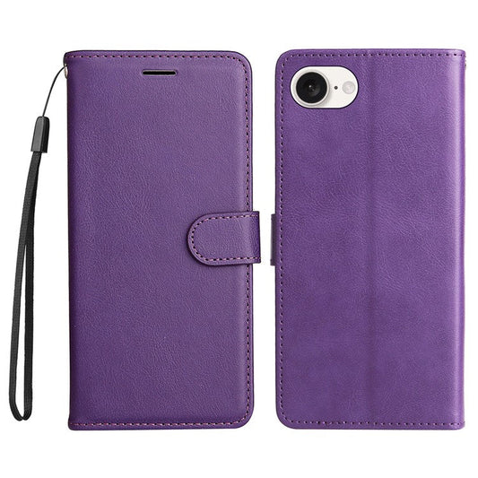 For iPhone 16e Case Solid Color Leather Mobile Cover Wallet Stand with Strap - Purple