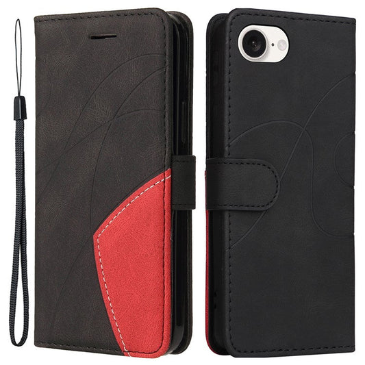 For iPhone 16e Leather Case Wallet Stand Color Splicing Phone Cover - Black