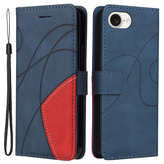 For iPhone 16e Leather Case Wallet Stand Color Splicing Phone Cover - Blue