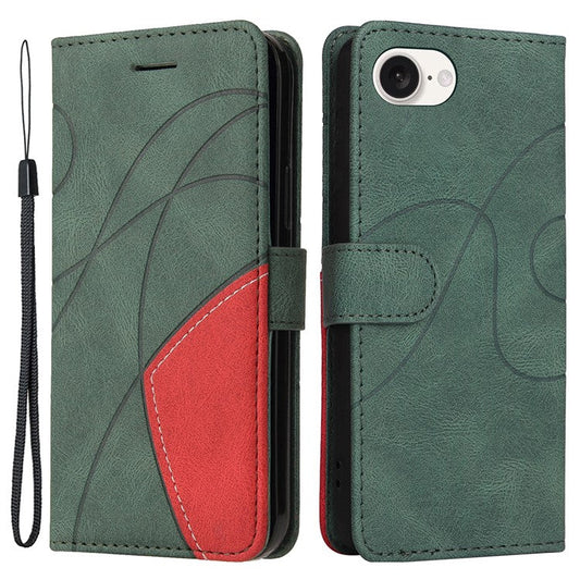 For iPhone 16e Leather Case Wallet Stand Color Splicing Phone Cover - Green