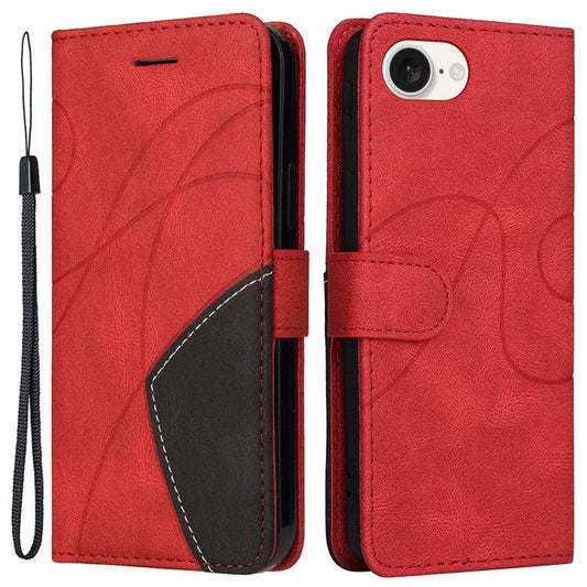 For iPhone 16e Leather Case Wallet Stand Color Splicing Phone Cover - Red