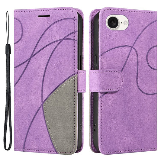 For iPhone 16e Leather Case Wallet Stand Color Splicing Phone Cover - Light Purple