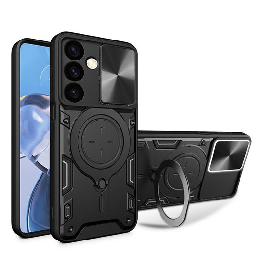 For Samsung Galaxy M34 5G Kickstand Case Slide Camera Lid TPU+PC Hybrid Phone Cover - Black