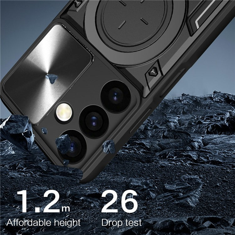 For Samsung Galaxy M34 5G Kickstand Case Slide Camera Lid TPU+PC Hybrid Phone Cover - Black
