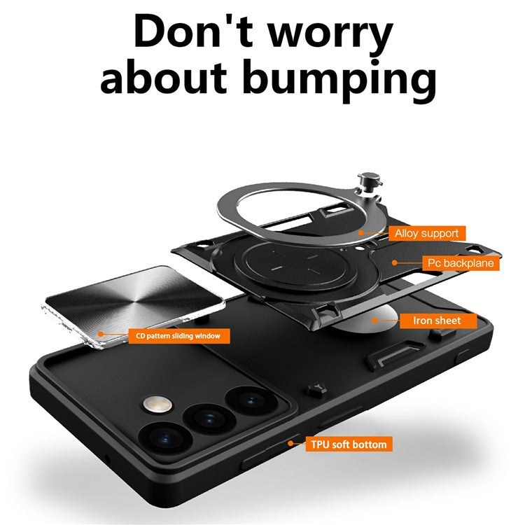 For Samsung Galaxy M34 5G Kickstand Case Slide Camera Lid TPU+PC Hybrid Phone Cover - Black