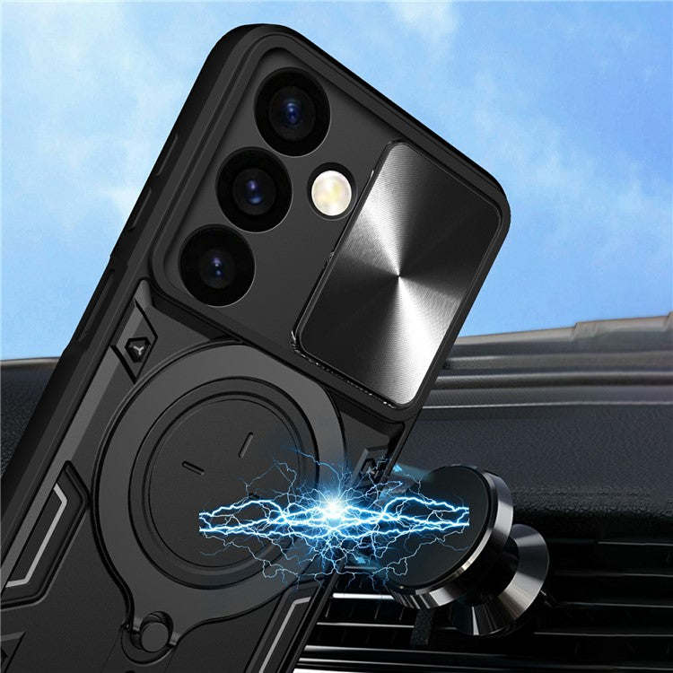 For Samsung Galaxy M34 5G Kickstand Case Slide Camera Lid TPU+PC Hybrid Phone Cover - Black