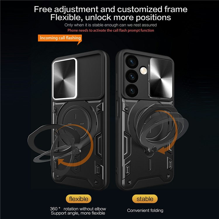 For Samsung Galaxy M34 5G Kickstand Case Slide Camera Lid TPU+PC Hybrid Phone Cover - Black