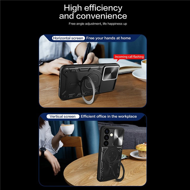 For Samsung Galaxy M34 5G Kickstand Case Slide Camera Lid TPU+PC Hybrid Phone Cover - Black