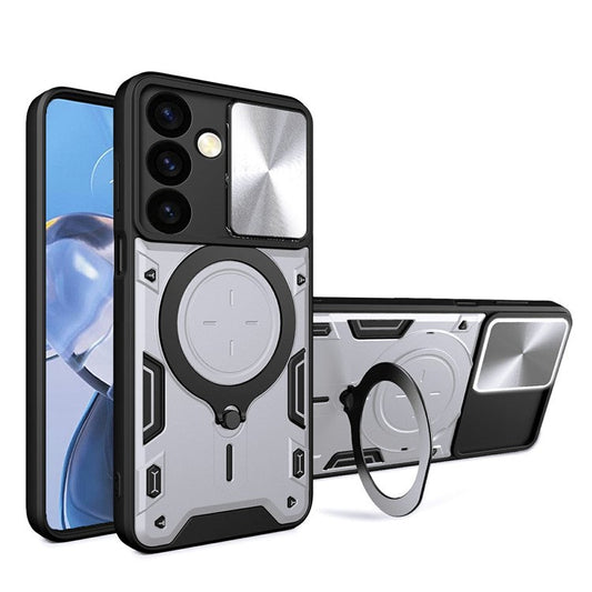For Samsung Galaxy M34 5G Kickstand Case Slide Camera Lid TPU+PC Hybrid Phone Cover - Silver