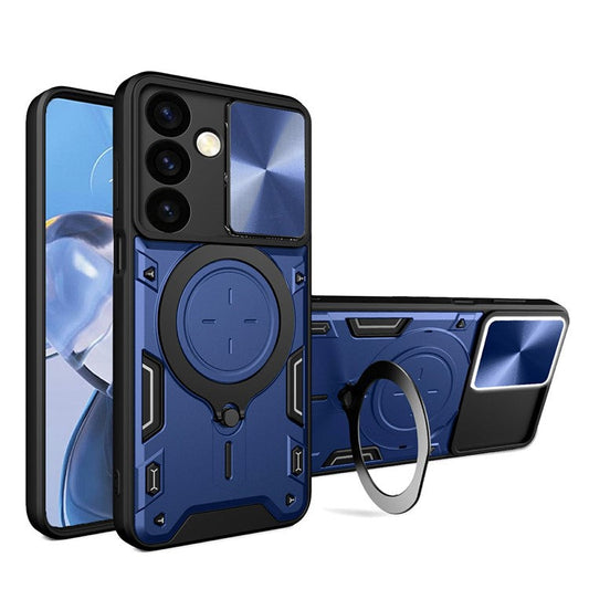For Samsung Galaxy M34 5G Kickstand Case Slide Camera Lid TPU+PC Hybrid Phone Cover - Blue
